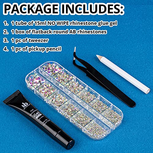 Nail Art Rhinestone Glue Gel&Flatback Gems Accessories Kit, 1 Tube of 15ml Rhinestone Gel Glue(UV/LED Needed)+1 Box of Flat-Back Round Glass Crystal AB Gemstones with Pickup Pencil and Tweezer - color: 02 AB, size: 1 pack