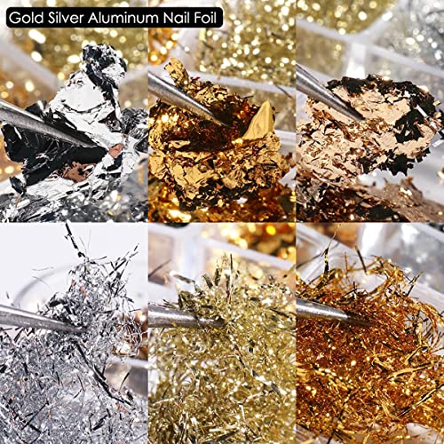 Holographic Nail Foil Flakes 3D Sparkly Aluminum Foil Glitter Sequins Nail Art Supplies Gold Silver Nail Art Foil Glitter Paillettes Line Strip Nail Glitter Flakes for Acrylic Nails Design (6 Grids) - color: A1