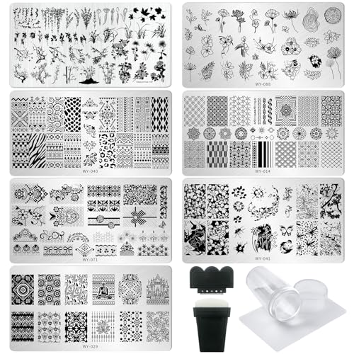 AddFavor Nail Stamping Plate Kit with Nail Stamp and Scraper, 6pcs Leaves Flower Nail Stamper Kit for Home Salon Manicure Polish Print Stencils Design Tools - color: Color C