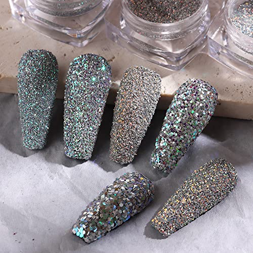 Fcozpjk Reflective Nail Powder 6 Boxes Sparkling Diamond Glitter Set - color: Holographic
