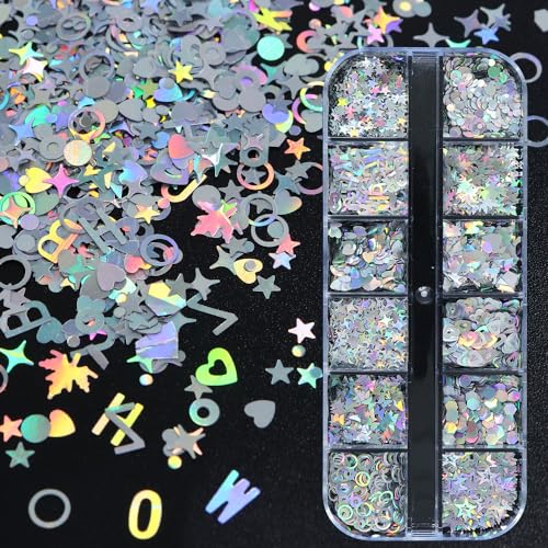 2 Pack 12 Grids Nail Glitter Sequins - 5g Each Dreamy Mix Color + Laser Silver, 3D Holographic Nail Charms for DIY Nail Art Supplies, Manicure Decorations for Women Beginners