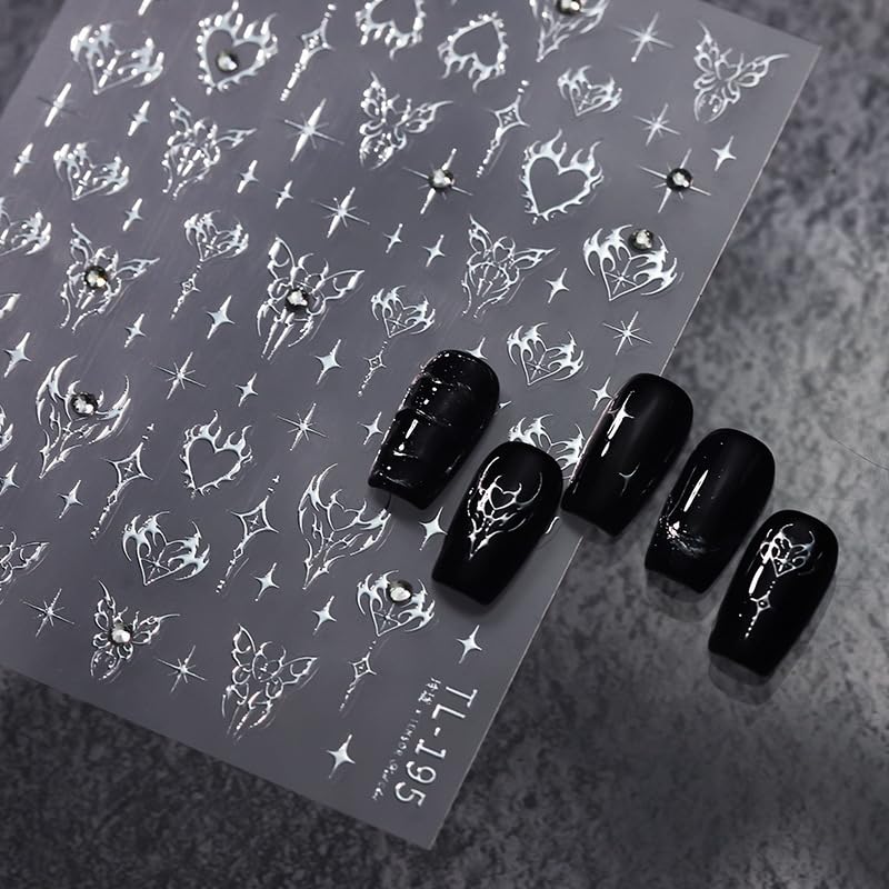 1 Sheet Silver Star Nail Art Stickers 5D Embossed Self Adhesive Heart Butterfly Nail Stickers for Nail Art Silver Nail Decals with Rhinestone Design Star Nail Supplies Manicure Decoration for Women - style: silver butterfly