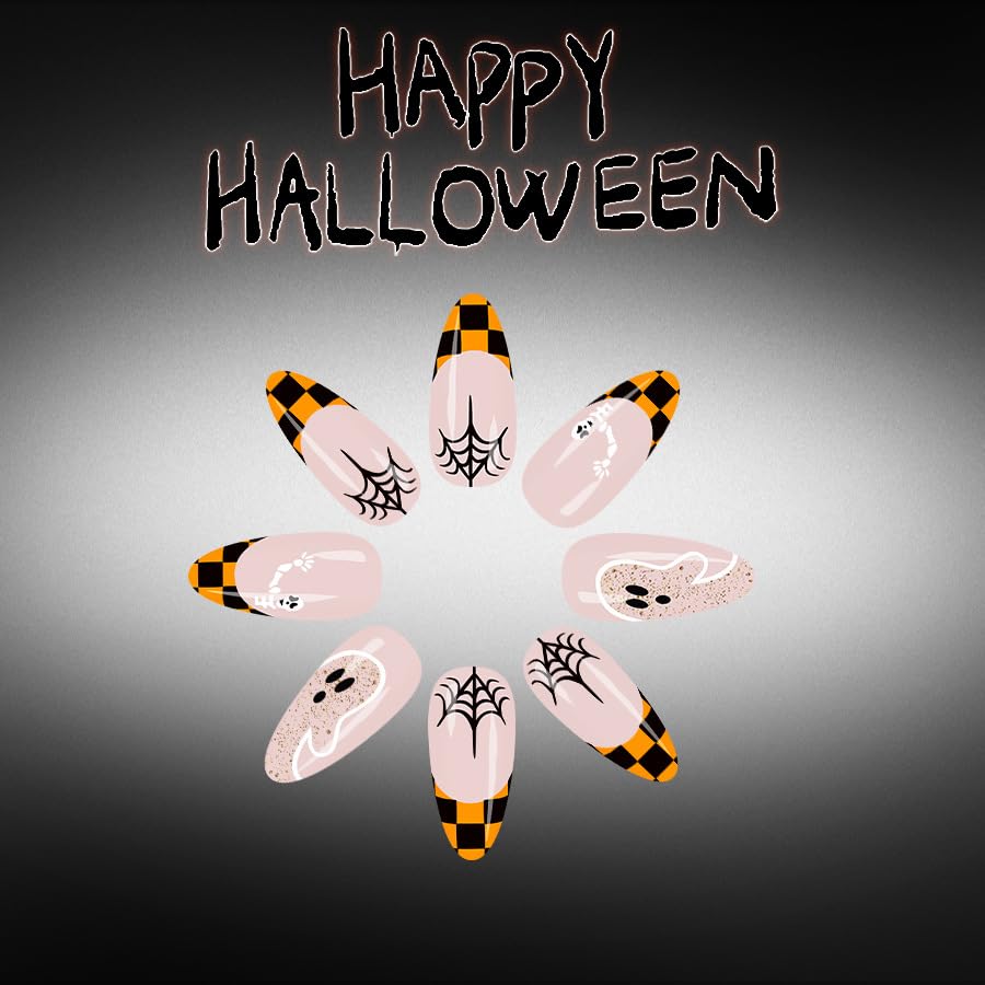 24Pcs Halloween Press on Nails Medium Almond Glossy Fake Nails Ghost Nail Press Ons with Glitter Design Plaid French Tip False Nails Ghost Skull Glue on Nails Spider Web Stick on Nails Nail for Women - color: Halloween01