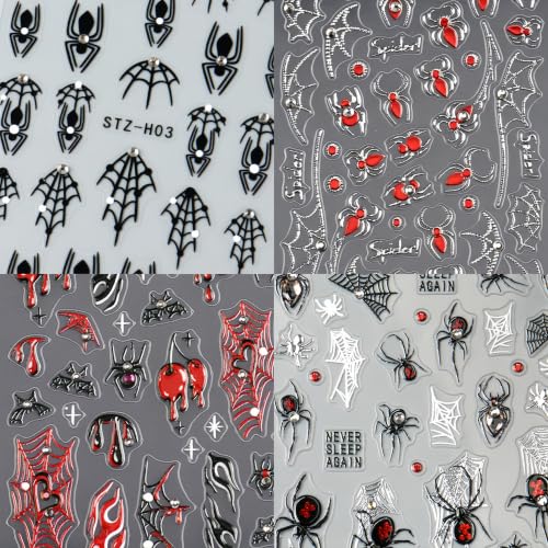 4Sheets Spider Nail Stickers Halloween Nail Decals 3D Self-Adhesive Spider Web Nail Art Stickers with Shiny White Rhinestones Design Goth Halloween Holiday Nails Supply for Women Manicure DIY - color: Halloween09