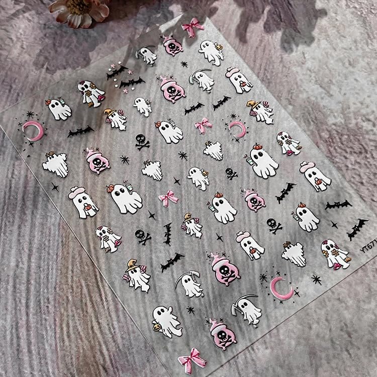 1 Sheet 5D Embossed Halloween Nail Stickers Cute Ghost Nail Decals with Mini Pumpkin Flower Bow Design Bat Nail Art Stickers Halloween Nail Decoration Horror Skull Nail Supplies for Women DIY Manicure - color: Halloween09