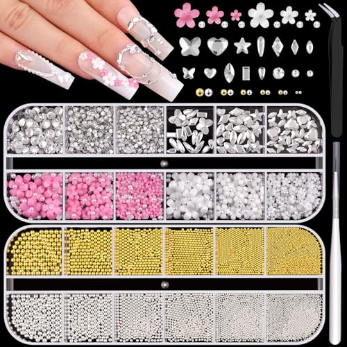 Nail Beads and 3D Flowers Glass Nail Rhinestones for Nails Pearls Charms - color: 04 2 Boxes Nail Art Decos Set 12