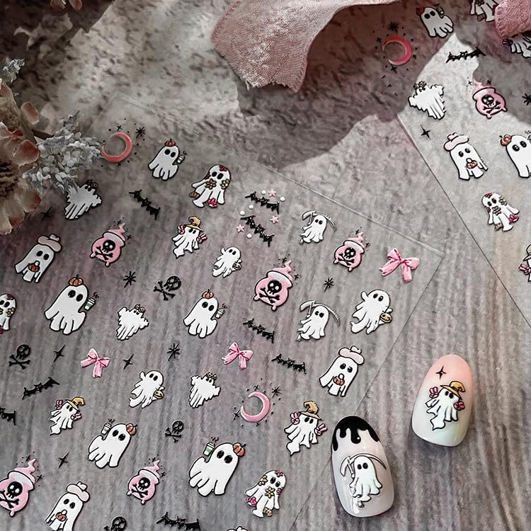 1 Sheet 5D Embossed Halloween Nail Stickers Cute Ghost Nail Decals with Mini Pumpkin Flower Bow Design Bat Nail Art Stickers Halloween Nail Decoration Horror Skull Nail Supplies for Women DIY Manicure - color: Halloween09
