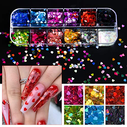 Kalolary 36 Boxes 3D Heart Nail Art Sequins Glitter, Colorful Heart Shaped Nail Glitter Sequins Acrylic Paillettes, Holographic Nail Sparkle Glitter for Valentine's Day - color: Heart