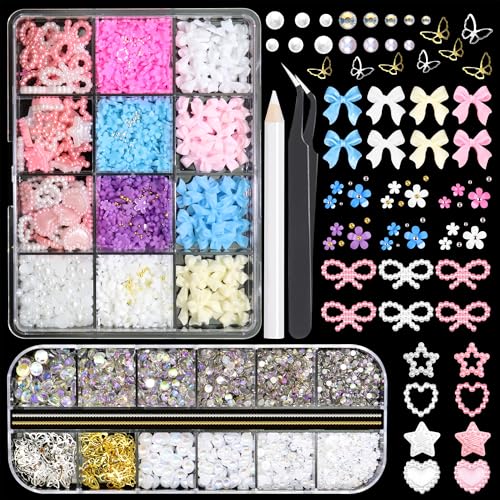 RODAKY Nail Charms and Flatback Pearls Gems Set, Bow Charm for Nail Art Designs,Assorted Pearl Bows Heart Star,Flowers for Nail with Nail Beads,White Half Pearls for Nail Jewelry DIY Nail Decoration - color: Set 05 - 2 Boxes Nail Art Decos