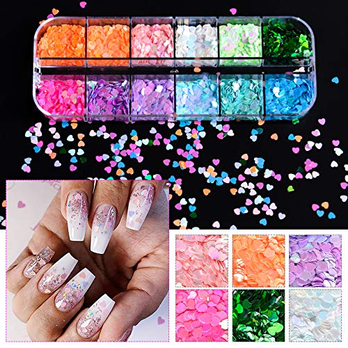 Kalolary 36 Boxes 3D Heart Nail Art Sequins Glitter, Colorful Heart Shaped Nail Glitter Sequins Acrylic Paillettes, Holographic Nail Sparkle Glitter for Valentine's Day - color: Heart