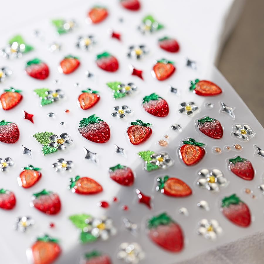 1 Sheet 5D Embossed Strawberry Nail Stickers Red Strawberry Jelly Nail Art Stickers Fruit Nail Decals Cute Red Strawberries Design Strawberries Nails Supplies for Women Summer Manicure Decor Supplies - style: strawberry