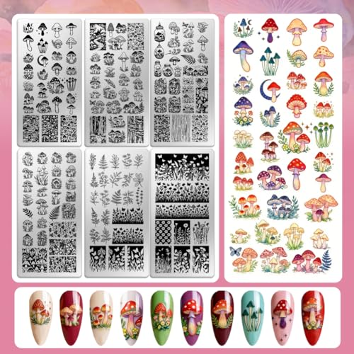 6 Sheets Nail Stamping Plate Mushrooms Nail Art Stamp - color: Mushrooms