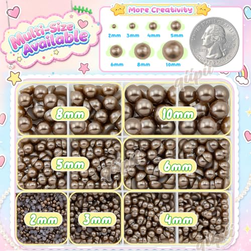 qiipii 2mm-10mm Dark Brown Flatback Half Round Pearls Gems Nail Charms Kit - color: Brown, size: Solid Color Half Pearls