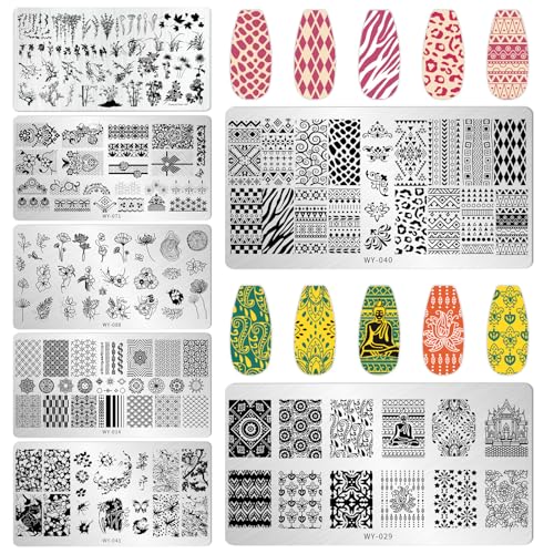 AddFavor Nail Stamping Plate Kit with Nail Stamp and Scraper, 6pcs Leaves Flower Nail Stamper Kit for Home Salon Manicure Polish Print Stencils Design Tools - color: Color C