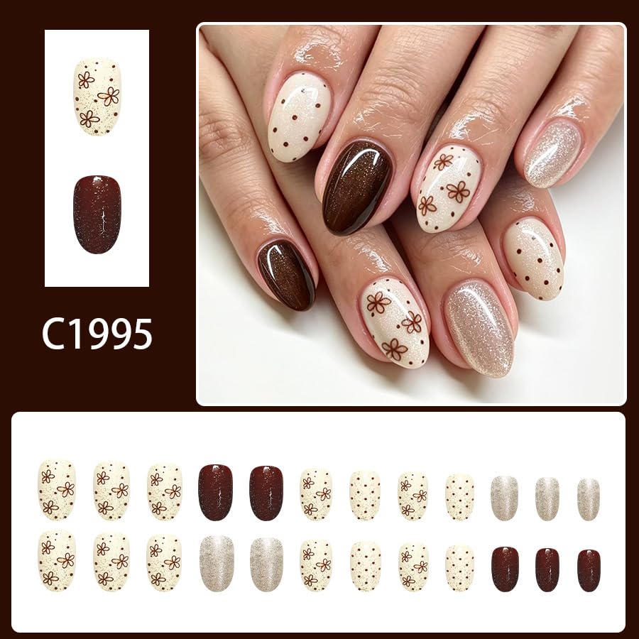 24Pcs Fall Flower Press on Nails Short Almond Polka Dots Fake Nails - color: Fall10