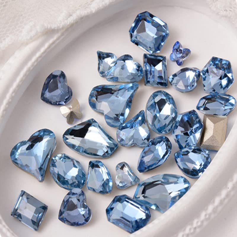 48 Pcs Big Mix Sizes Different Shape Nail Rhinestones 12 Styles 3D Glass Crystals Diamonds Love Distorts Heart Super Shiny Charms Gems Stones DIY Nail Art Decoration Craft Jewelry (Light Blue) - color: Light blue