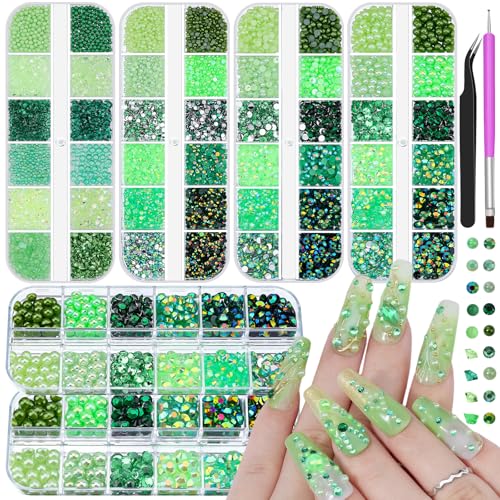 6 Boxes Flatback Gems and Rhinestones for Crafting Kit, 2/3/4/5/6mm Green Jelly Clear AB Rhinestones Resin Half Pearls Nail Charms, Irregular Crystal Caviar Beads with Tweezers for Nails DIY Tumblers - color: Green - 2-6mm