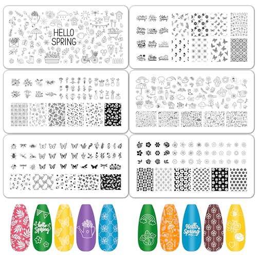 Y1tvei Hello Spring Nail Stamping Plates - 6Pcs Flower Butterfly Insect Daisy Rose Theme Finger Art Kit, Stainless Steel Nail Polish Template Printer Decoration DIY Manicure Salon Design Gift Supplies - style: Spring