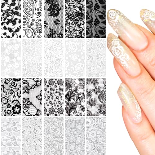 SmallCat 20 Pcs Lace Nails Stickers, 7.87×0.98 Inch, Black White - color: Black, White, (20×2.3cm), Style 2