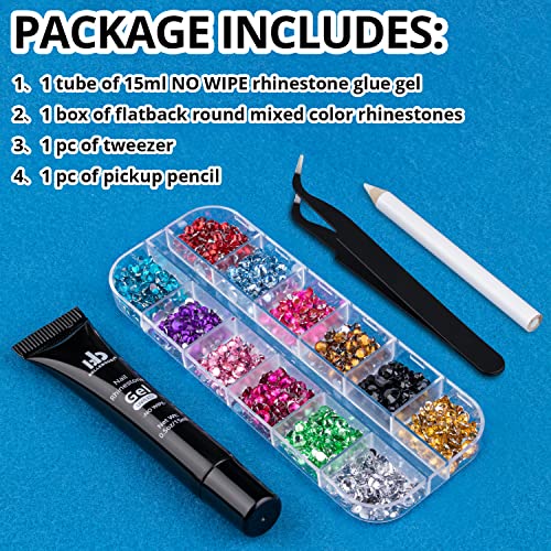 Nail Art Rhinestone Glue Gel&Flatback Gems Accessories Kit, 1 Tube of 15ml Rhinestone Gel Glue(UV/LED Needed)+1 Box of Flat-Back Round Mixed Color Gemstones with Pickup Pencil and Tweezer - color: 04 Multicolored, size: 1 pack