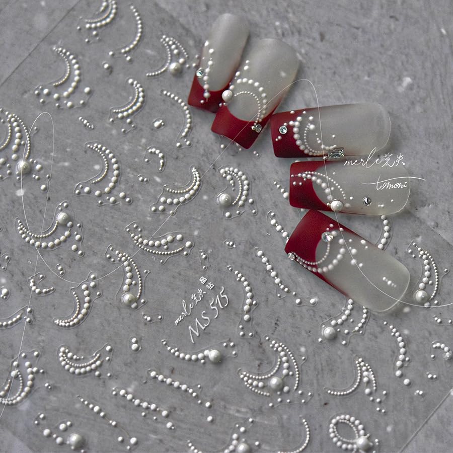 1 Sheet White French Tips Pearls Nail Art Stickers 5D Embossed Romantic Nail Stickers Line Nail Decals Design Nail Accessories French Line Manicure Supply for Women Valentines Day Nail Art Decoration - style: pearl french lines
