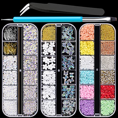 Mixed 3D Nail Art Gem Decoration Accessories Kit #2, Aurora Bear Bow Butterfly Starry AB Rhinestone Charm Jewelry for Deco, Pearl Flower Caviar Bead Stone Crystal with Dual-End Brush and Tweezer - color: 3 Boxes Nail Art Charms Kit 2