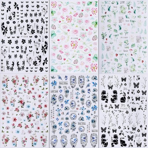 6 Pcs Flower Nail Stickers 3D Self-Adhesive Black Butterfly Nail Art Decals with Strawberry Floral Leaves Design Stickers Spring Summer Decals for Women - color: Floral