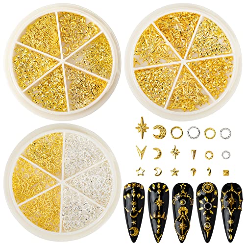 3D Nail Charms - Gold Star, Moon, Multiple Shape Gem, 3 Boxes, Metal Nail Decoration Studs, for Nail Art - color: Metal Studs