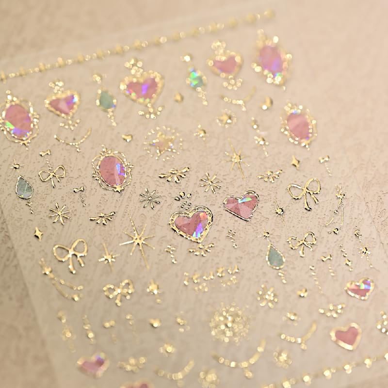 Valentine Nail Art Stickers 5D Embossed Pink Heart Nail Stickers for Nail Art Gold Moon Star Bow Nail Decals Valentines Day Gold Bow Star Laser Heart Nails Design Aurora Heart Nails Supplies for Women - style: heart star