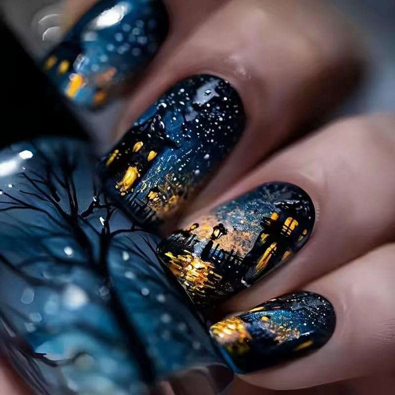 24Pcs Press on Nails Halloween Short Colorful Halation Fake Nails Full Cover Glossy Reusable Square False Nails for Women Blue Halloween Glue on Nails Holiday Manicure Kit - color: Halloween style 33