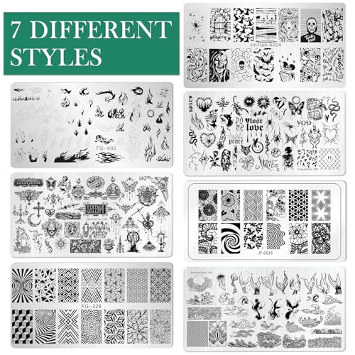 AddFavor Nail Stamping Plate Kit with Nail Stamp and Scraper, 6pcs Fire Skull Nail Stamper Kit for Home Salon Manicure Polish Print Stencils Design Tools - color: Color D