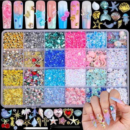 FAMDAMEI Summer Nail Charms, 24 Grids Bedazzling Kit with Rhinestones Ocean Coastal Nail Charms and Gems, 3D Charms Kit with Mermaid Starfish Shell, Gold Pearls Bedazzling Gems for Crafts Nail Art - color: gold pearls shells/white AB pearls starfish/blue