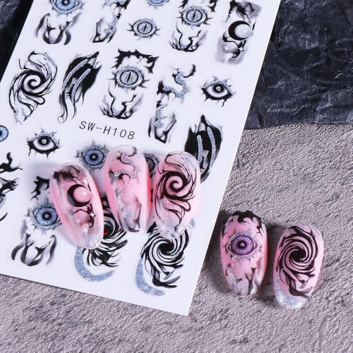 Halloween Witchcraft Theme Nail Broomstick Cauldron Nail Decal 6Pcs 3D Self-Adhesive with Evil Eye Vortex Moon Star Nail Design Gothic Nail Supplies Accessories for Halloween DIY Manicure Decoration - color: Witchcraft