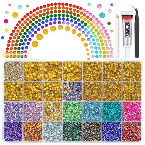 qiipii 28 Grids Golden Yellow 2-6mm Resin Rhinestones w B7000 Glue for Bedazzling Crafting Colorful Flatback Stones Diamonds Crystals Gems Bedazzler Kit for Nails Face Eyes Makeup Tumblers DIY Crafts - color: Golden, size: Crystal