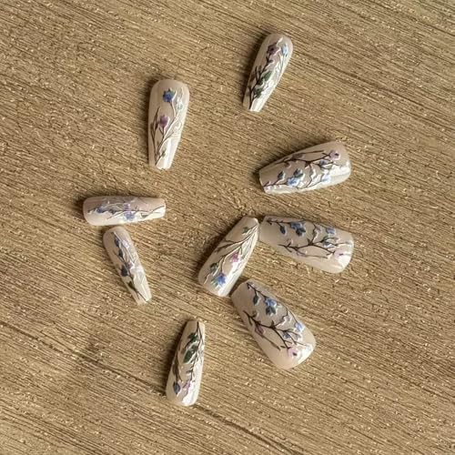 24Pcs Flower Press on Nail Long Coffin Fake Nails with designs 3D Floral Stick on Nail Glossy Milky White Press ones Full Cover Reusable Spring Glue on Nails Summer False Nails for Women - color: s37