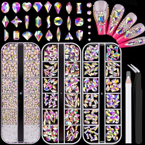 2750Pcs AB Glass Nail Rhinestones 240Pcs Multi Shapes Flatback Nail Gems + 2510Pcs 1.5-4mm Round Crystal, Manicure Nail Charms Diamond Gemstones for Acrylic Nails Decoration - color: 12 AB Crystal, size: 3 pack