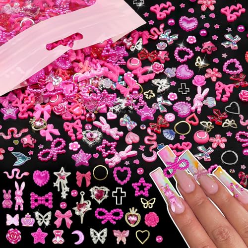 650PCS 3D Resin Nail Charms and Gems Hot Pink Flower Bow Butterfly Charms - color: Hot Pink