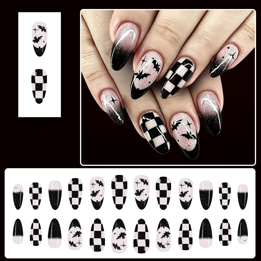 Halloween Press on Nails Black French Tip Medium Almond Fake Nails Gothic Checkerboard Black Bat with star Glitter Design False Nails Glossy Glue on Acrylic Full Cover Stick on Nails for Women 24Pcs - color: style03