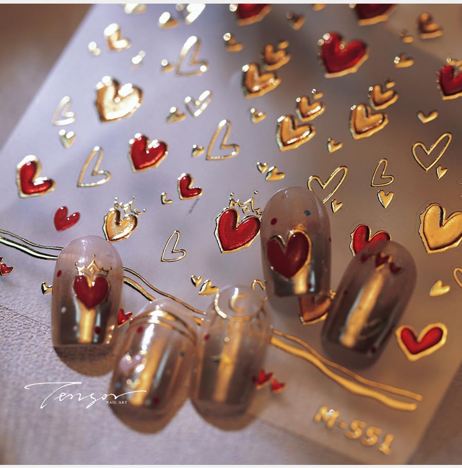1 Sheet 5D Embossed Gold Star Nail Stickers Red Heart Moon Nail Art Stickers Valentines Day Nail Decals Love Sticker Valentines Day Gold Hearts Nail Supplies for Women DIY Acrylic Nails Decoration - style: red relief heart