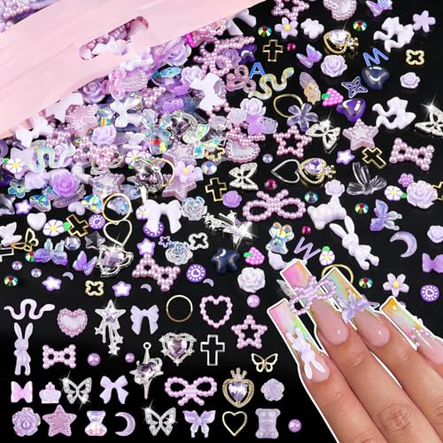 650PCS 3D Resin Nail Charms and Gems Purple Flower Bow Butterfly Charms - color: Purple