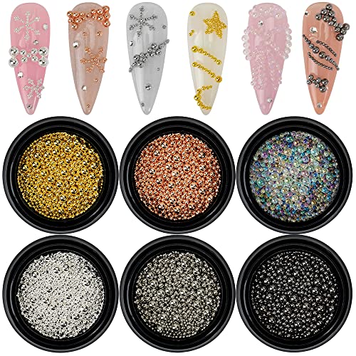 Nail Art Beads - Multiple Sizes, 6 Boxes, Gold, Silver, Rose, Gold, AB Nail Bubble Caviar Beads for Nail Art - color: Nail Beads