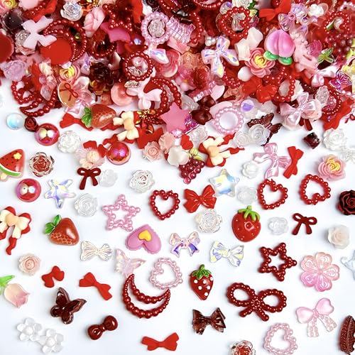 150 Pcs 3D Resin Strawberries Butterfly Flower Nail Charms Rose Heart Moon Nail Rhinestones Flatback Bow Cherry Nail Art Charms Bow Charms for Nails Design Moon Star Nail Jewels for Nail Art Supplies - color: pink