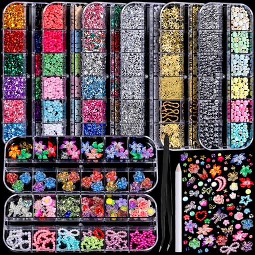 FANDAMEI Nail Charms, 8-Box Nail Charms and Gems, Fruit Bow Hawaii Flowers Petals 3D Nail Art Charms Bulk, Charms Y2K for Nails, Colorful Bubble Beads Nail Rhinestones, Gold Studs Nail Pearls for DIY - color: Pink flower petal/clear bubble bead/orange 3D