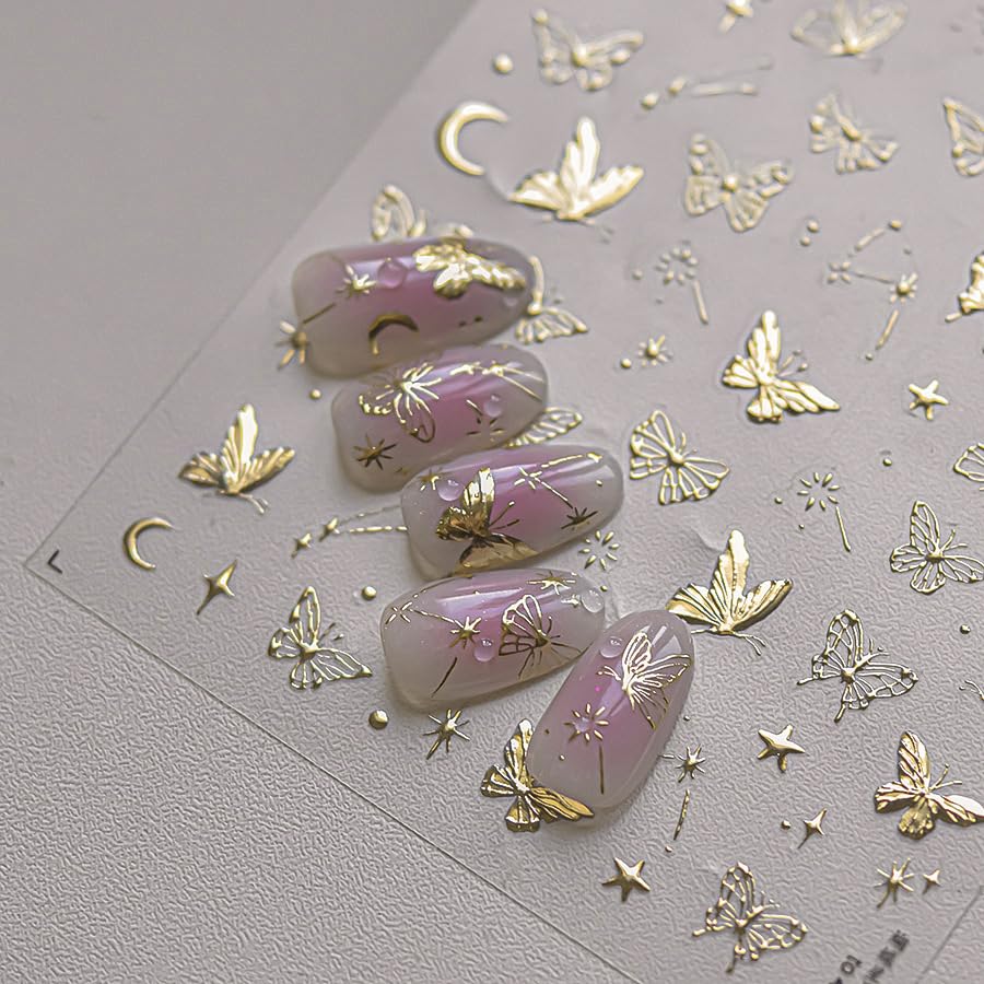 1 Sheet Golden Butterfly 5D Embossed Nail Art Stickers Self-Adhesive Star Moon Nails Decals Spring Summer Butterflies Nail Designs Hot Stamping Butterflies Nail Stickers for DIY Nail Supplies Decor - style: metal butterfly