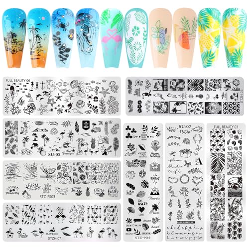 8pcs Summer Nail Stamping Plate Kit - Ocean Flower Fruit Nail Stamping Kit Spring Summer Nail Art Template Stencil Manicure Tool Reusable Salon Accessories Supplies for DIY Home Use - style: Tropical