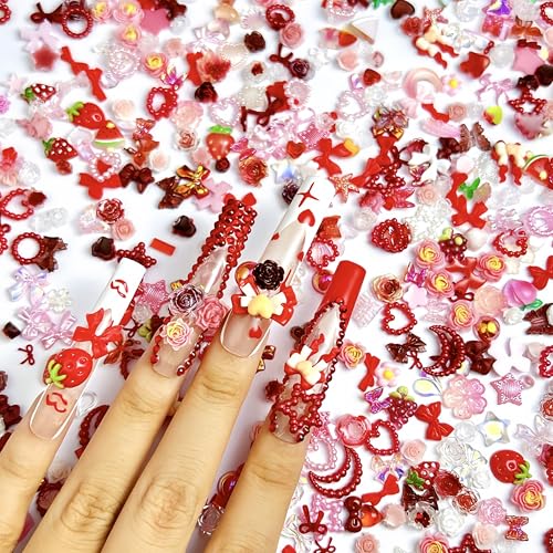 150 Pcs 3D Resin Strawberries Butterfly Flower Nail Charms Rose Heart Moon Nail Rhinestones Flatback Bow Cherry Nail Art Charms Bow Charms for Nails Design Moon Star Nail Jewels for Nail Art Supplies - color: pink