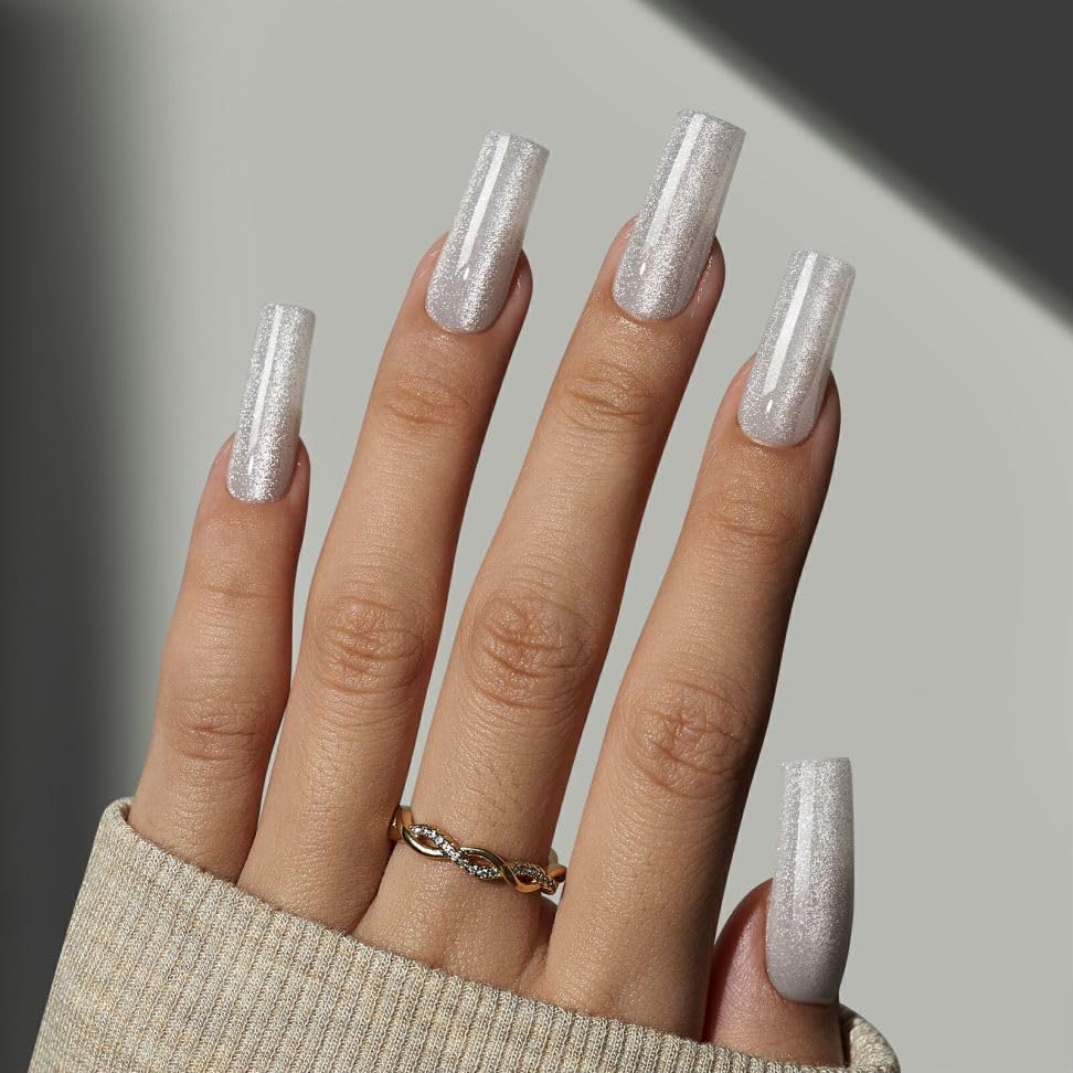 BTArtboxnails Press On Nails, Long Square White Fake Nails, 150Pcs - color: Frozen Cat Eye - Long Square
