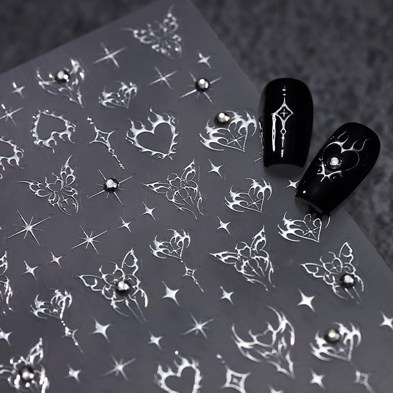 1 Sheet Silver Star Nail Art Stickers 5D Embossed Self Adhesive Heart Butterfly Nail Stickers for Nail Art Silver Nail Decals with Rhinestone Design Star Nail Supplies Manicure Decoration for Women - style: silver butterfly