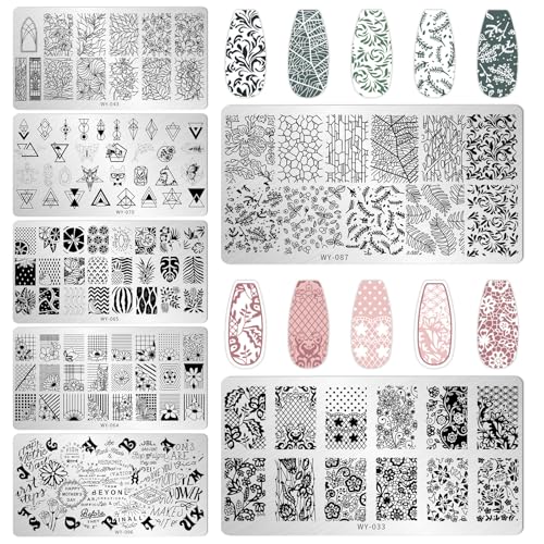 AddFavor Nail Stamping Plate Kit with Nail Stamp and Scraper, 6pcs Leaf Fruit Geometric Nail Stamper Kit for Home Salon Manicure Polish Print Stencils Design Tools - color: Color B