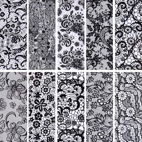 10 Rolls Lace Nail Art Foil Transfer Sticker Black Lace Flower Designs - color: Black Lace